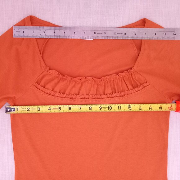 Esprit Women's T-shirt Cotton Burnt Orange 3/4 Sleeve Ruffles Crochet Size XS - Picture 4 of 5